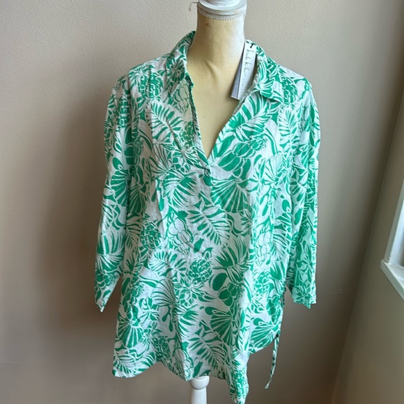 Nicole Miller Women Linen Blouse Top Sleeve Leaf Print  Nwt - Picture 1 of 3